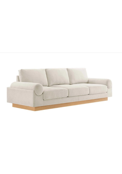 Ivory Fabric Large Rolled Arm Wood Base Sofa